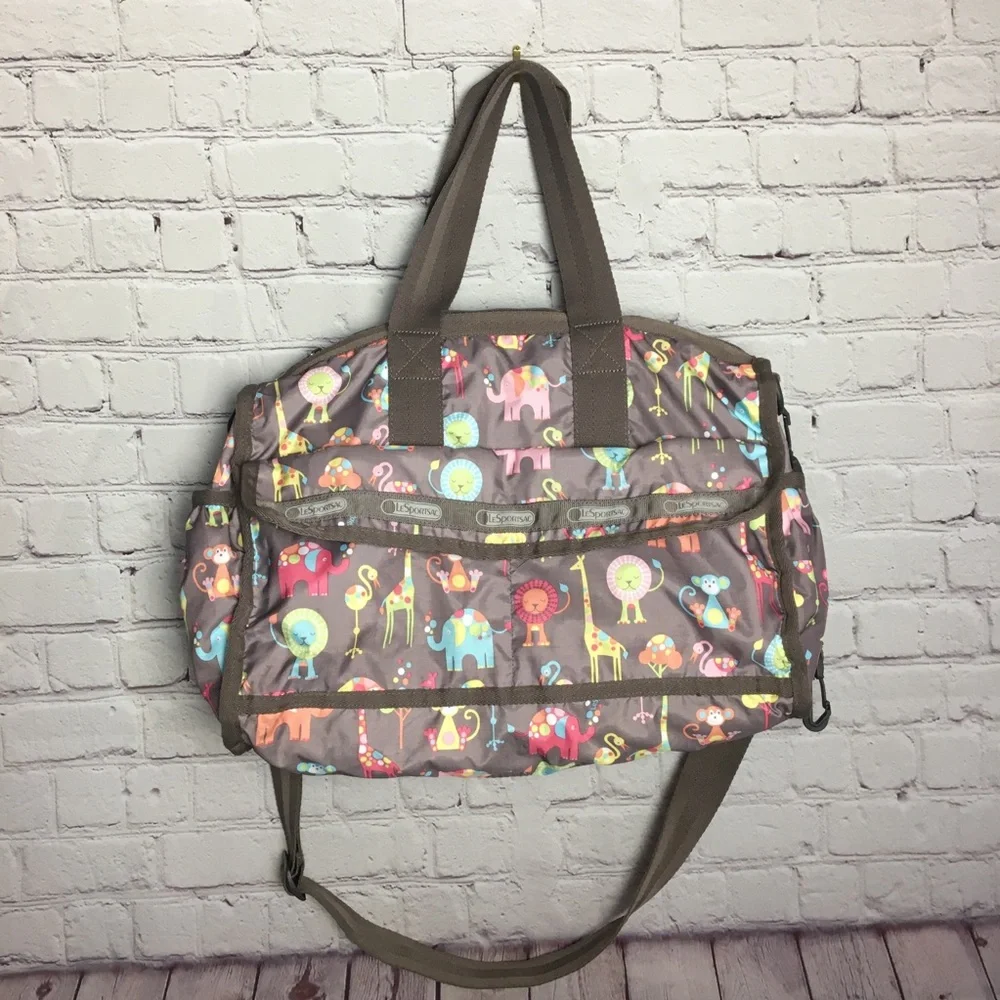 LESPORTAC Classic Diaper Bag Brown Happy Elephants Print